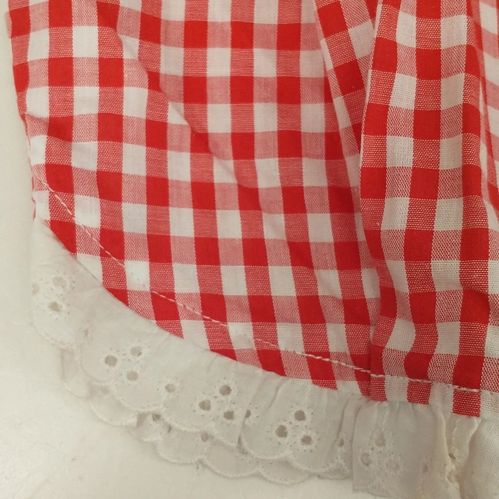 70s Vintage Gingham Check Crop Blouse Sleeveless Classic Red & White Lace Trim - Picture 7 of 8